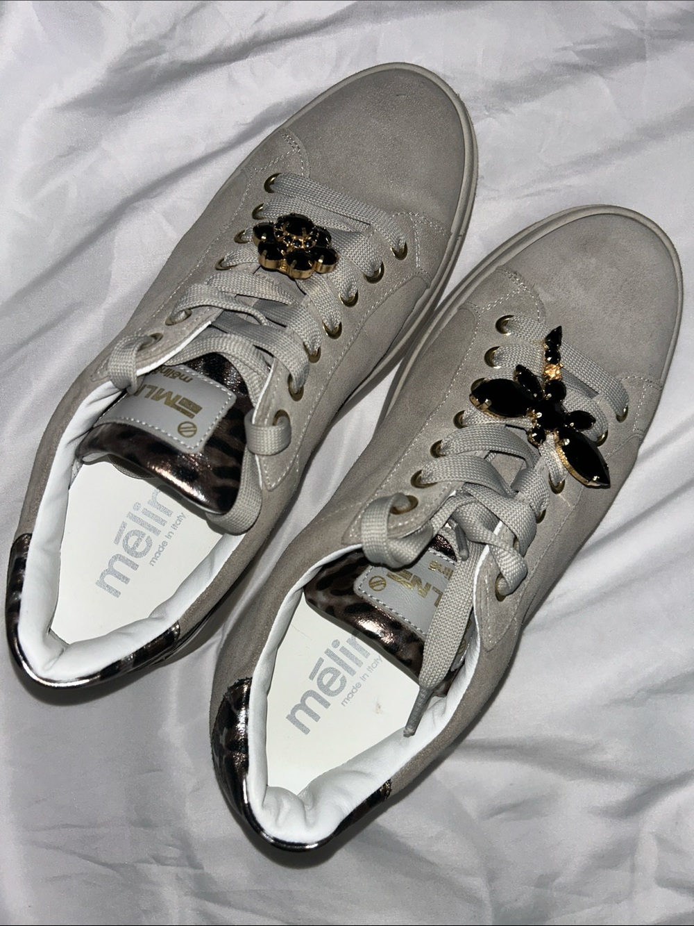 Meline Taupe Suede Sneakers with Leopard Trim and Black Jewel Accent